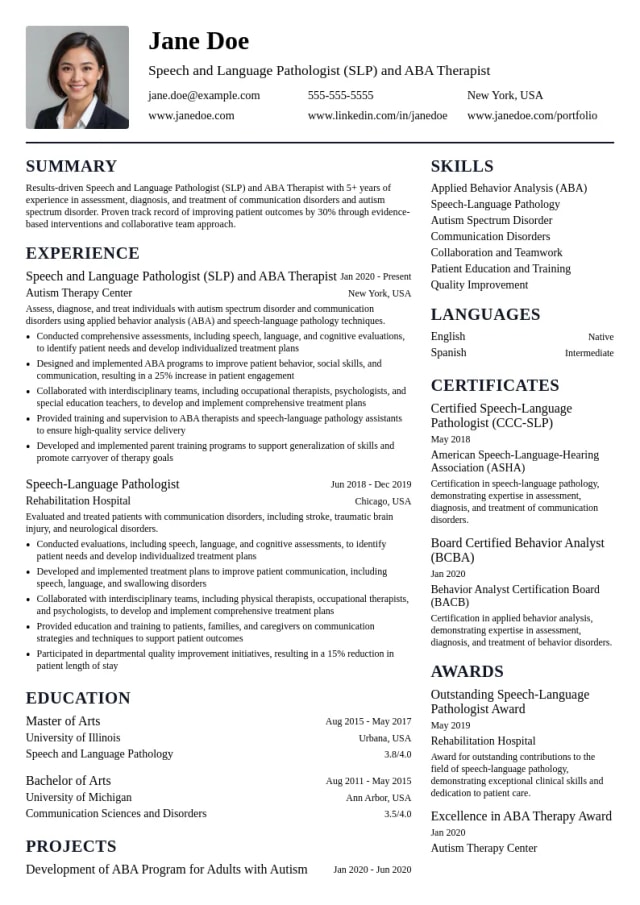Speech and Language Pathologist (SLP) and ABA Therapist resume example
