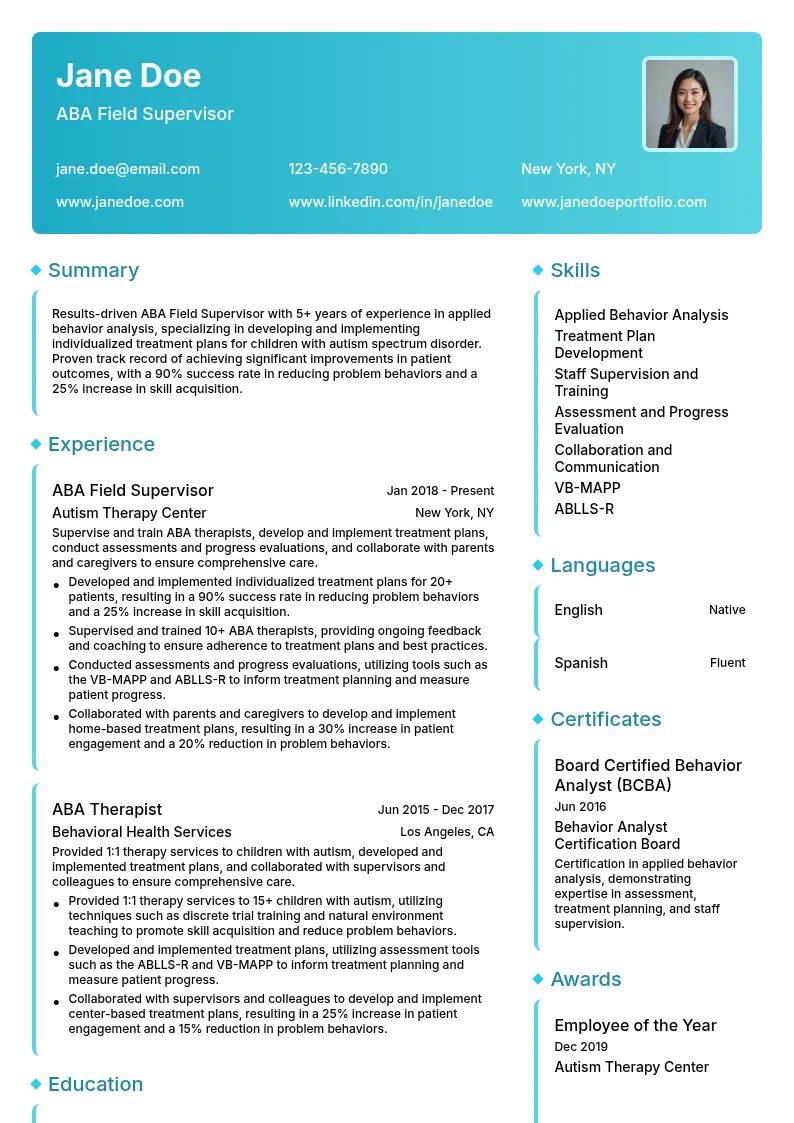 ABA Field Supervisor resume example