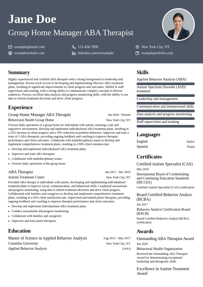 Group Home Manager ABA Therapist resume example