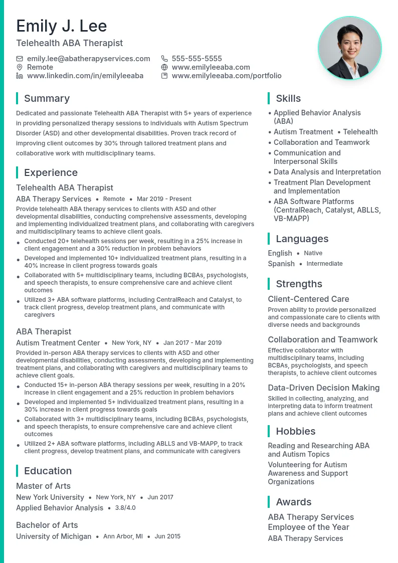 Telehealth ABA Therapist resume example