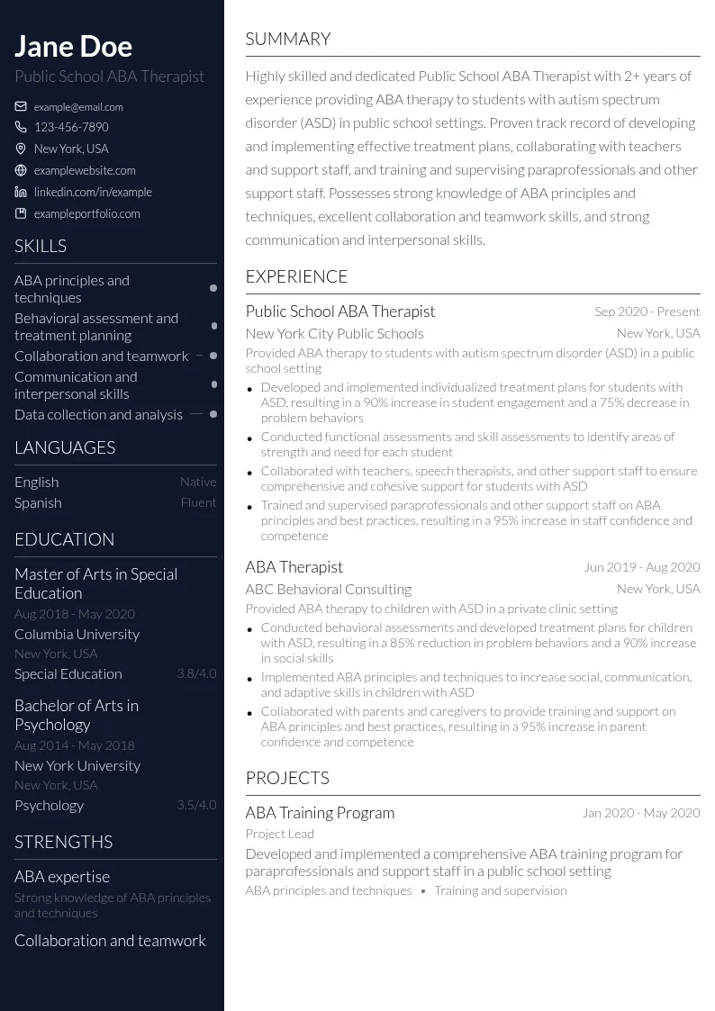 Public School ABA Therapist resume example