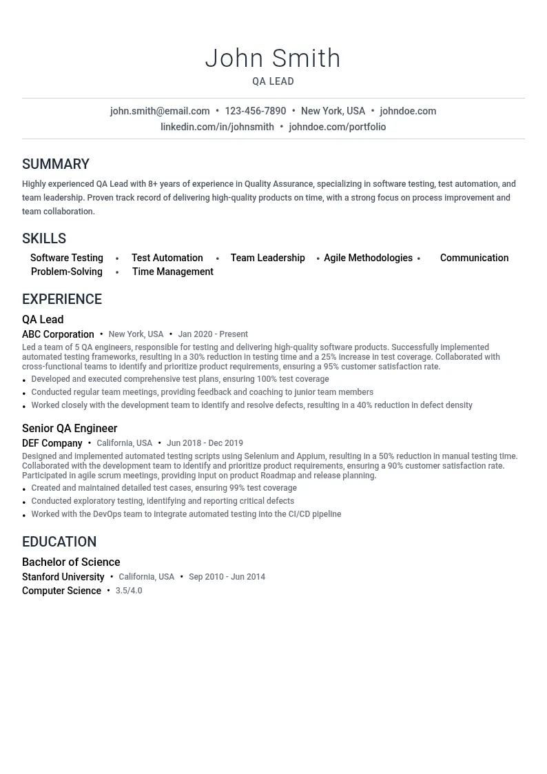 QA Lead resume example