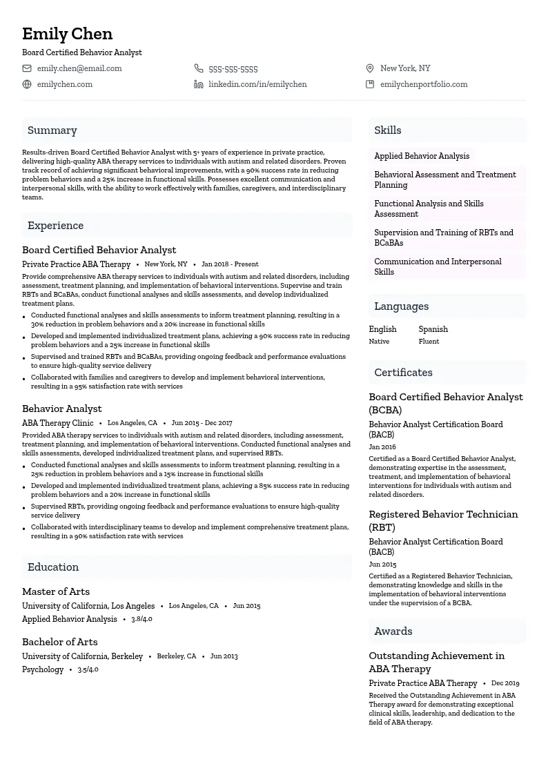 Board Certified Behavior Analyst - Private Practice resume example