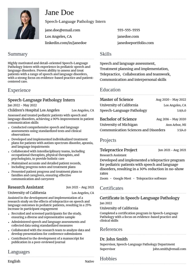 Speech Language Pathology Intern resume example