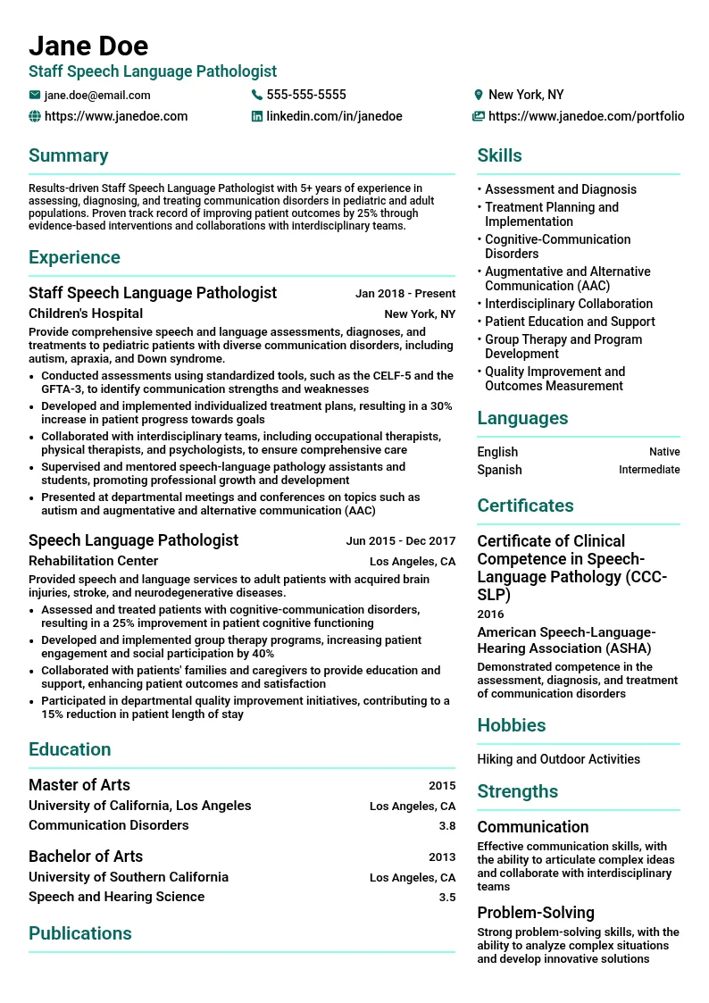 Staff Speech Language Pathologist resume example