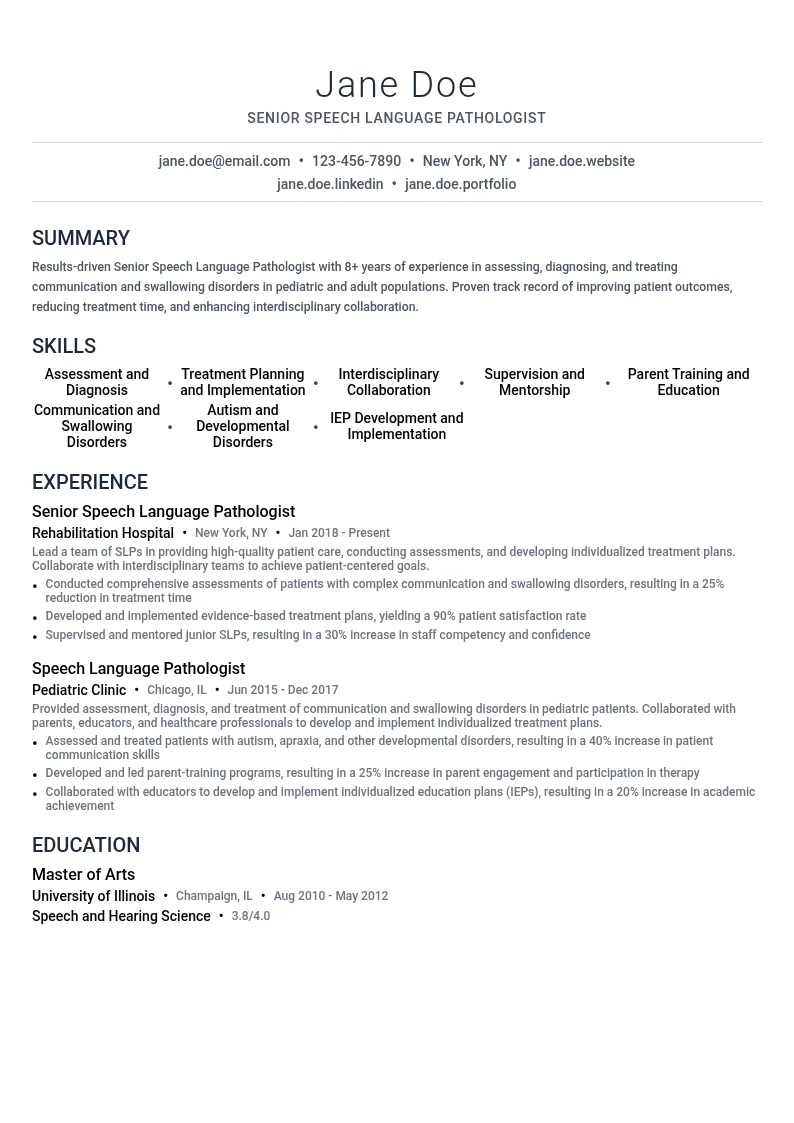 Senior Speech Language Pathologist resume example
