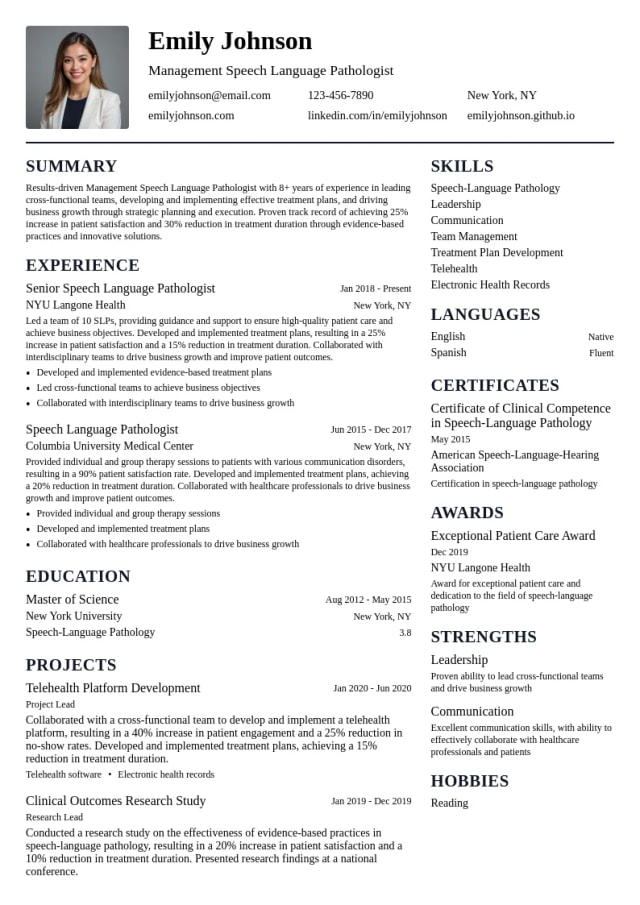 Managment Speech Language Pathologist resume example