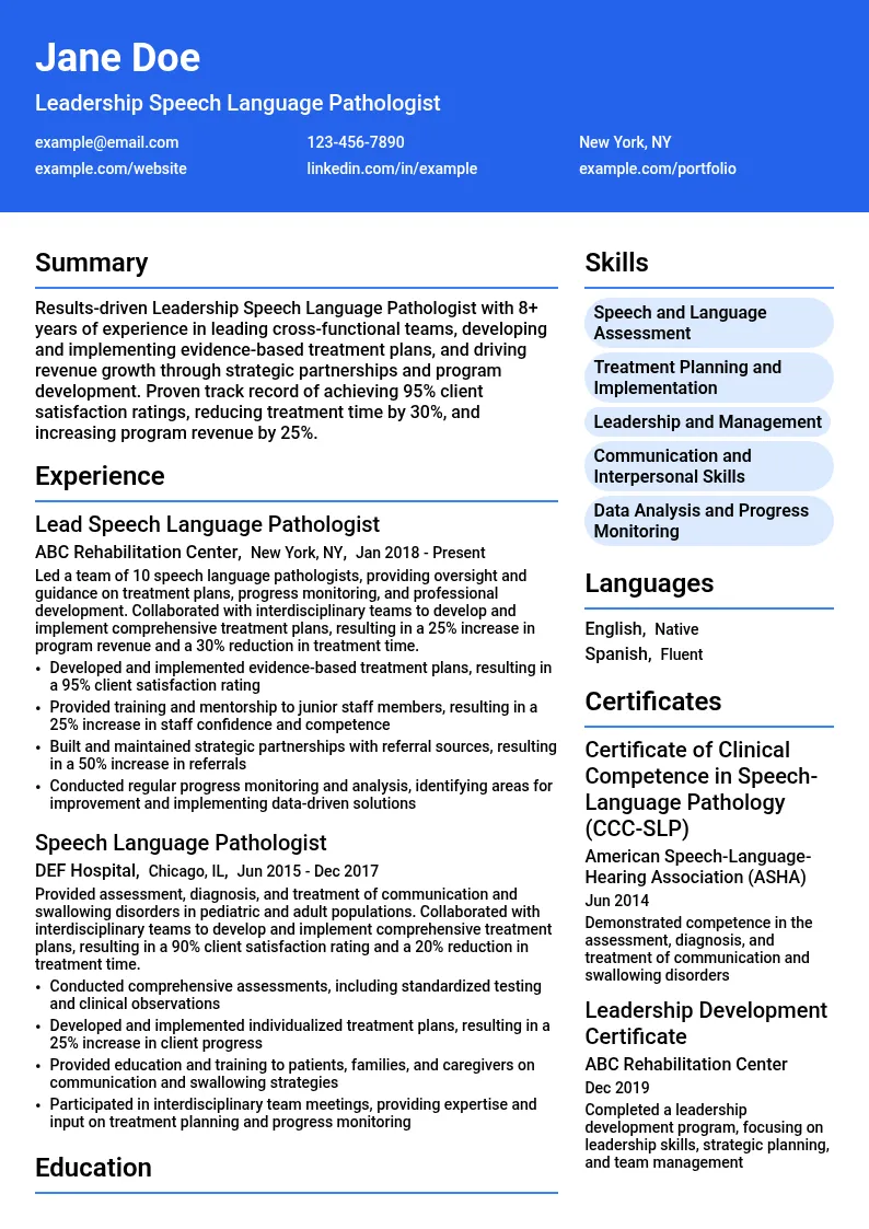 Leadership Speech Language Pathologist resume example