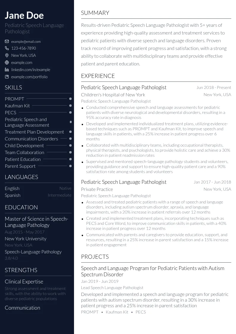 Pediatric Speech Language Pathologist resume example