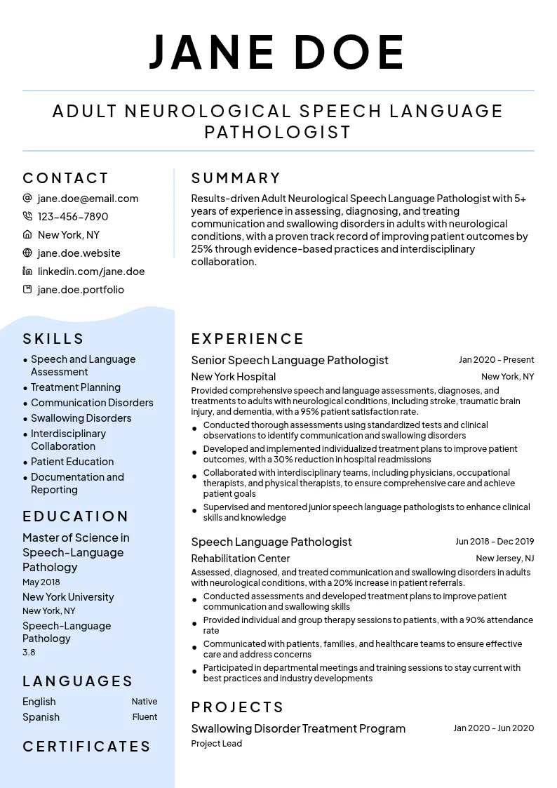 Adult Neurological Speech Language Pathologist resume example
