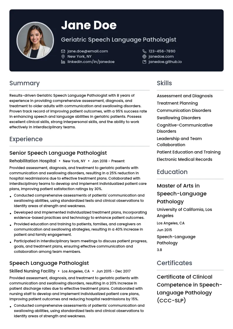 Geriatric Speech Language Pathologist resume example