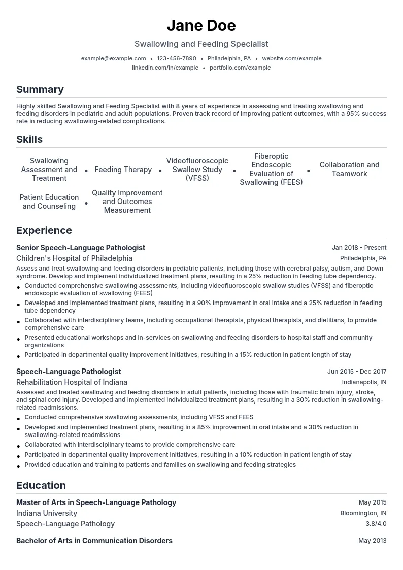 Swallowing and Feeding Specialist resume example