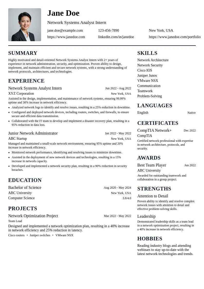 Network Systems Analyst Intern resume example