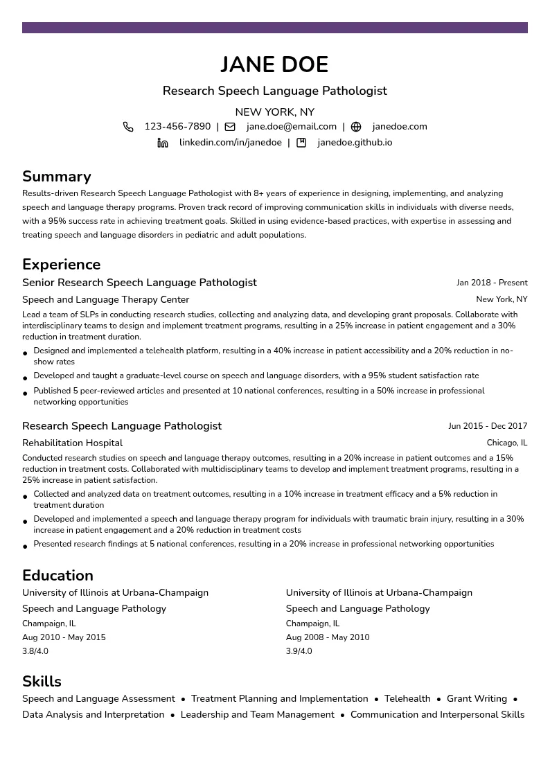 Research Speech Language Pathologist resume example