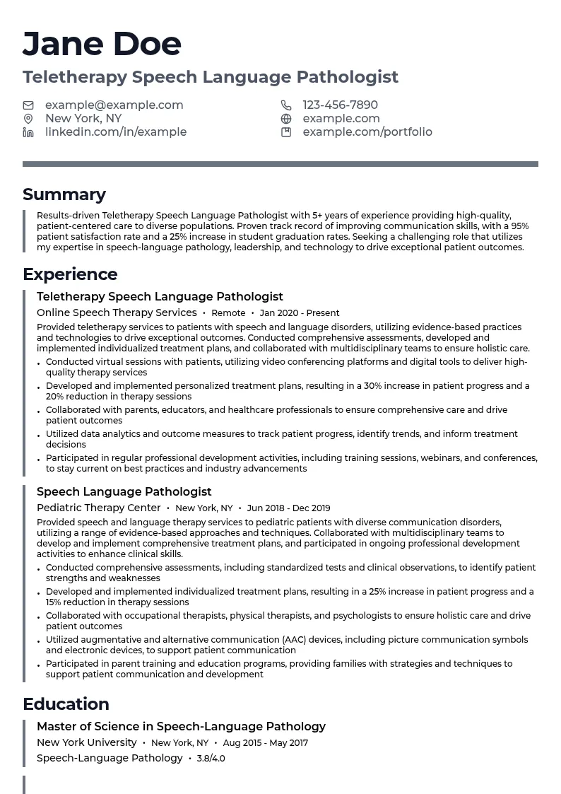 Teletherapy Speech Language Pathologist resume example