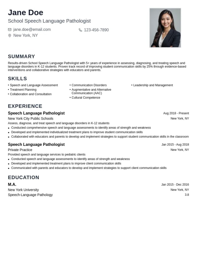 School Speech Language Pathologist resume example