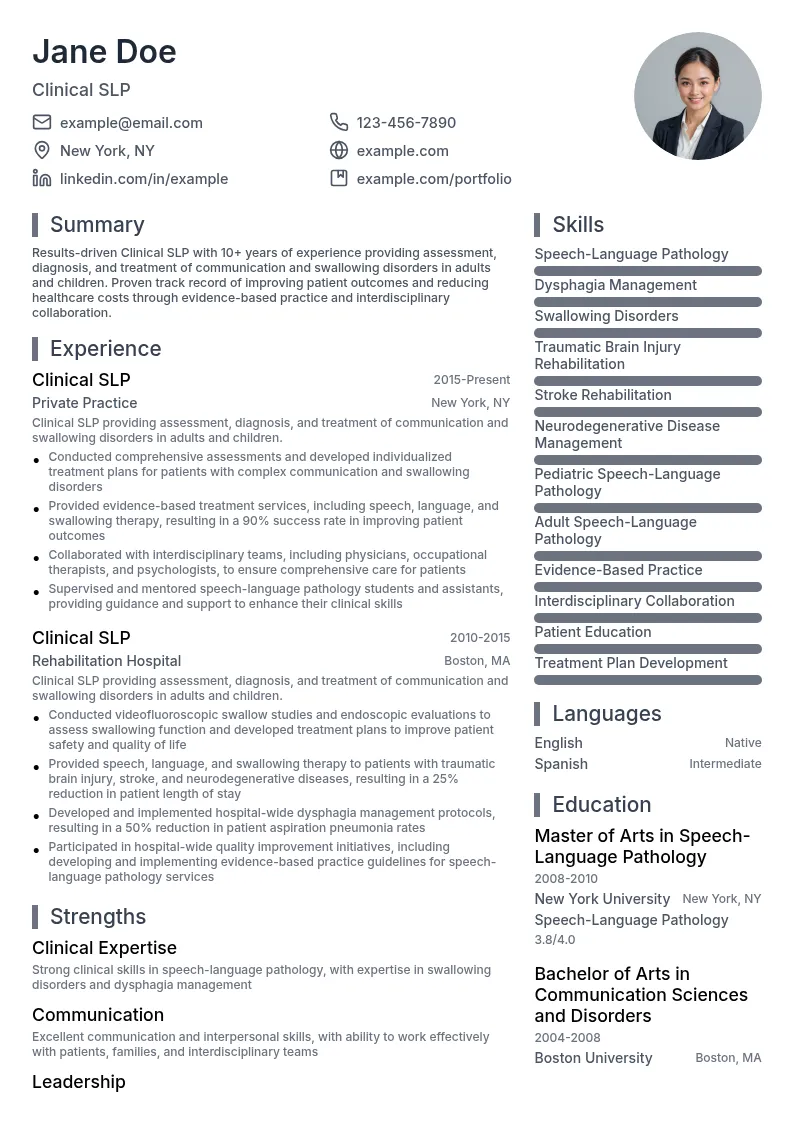 Clinical SLP - Private Practice resume example
