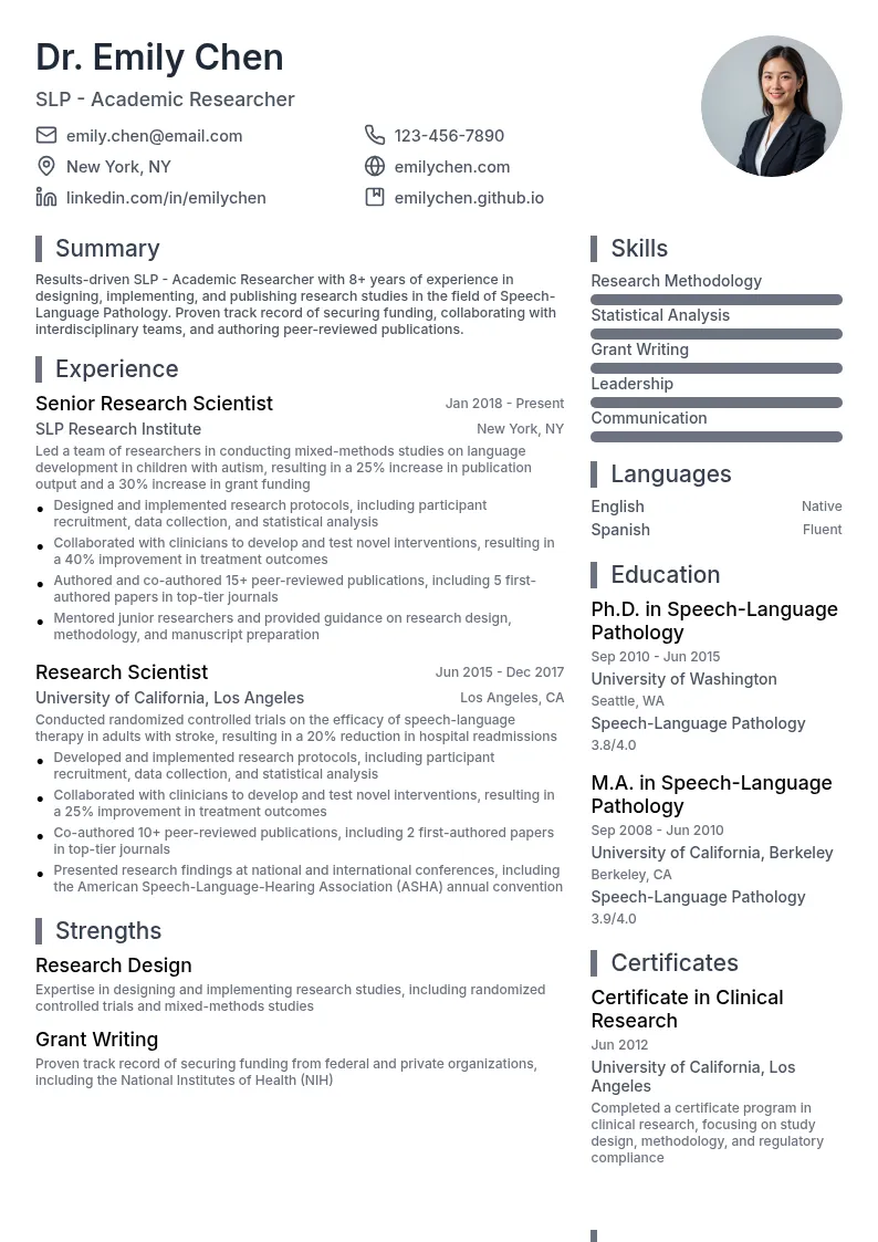 SLP - Academic Researcher resume example