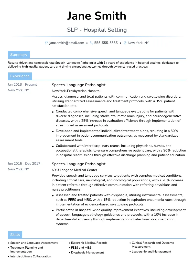 SLP - Hospital Setting resume example