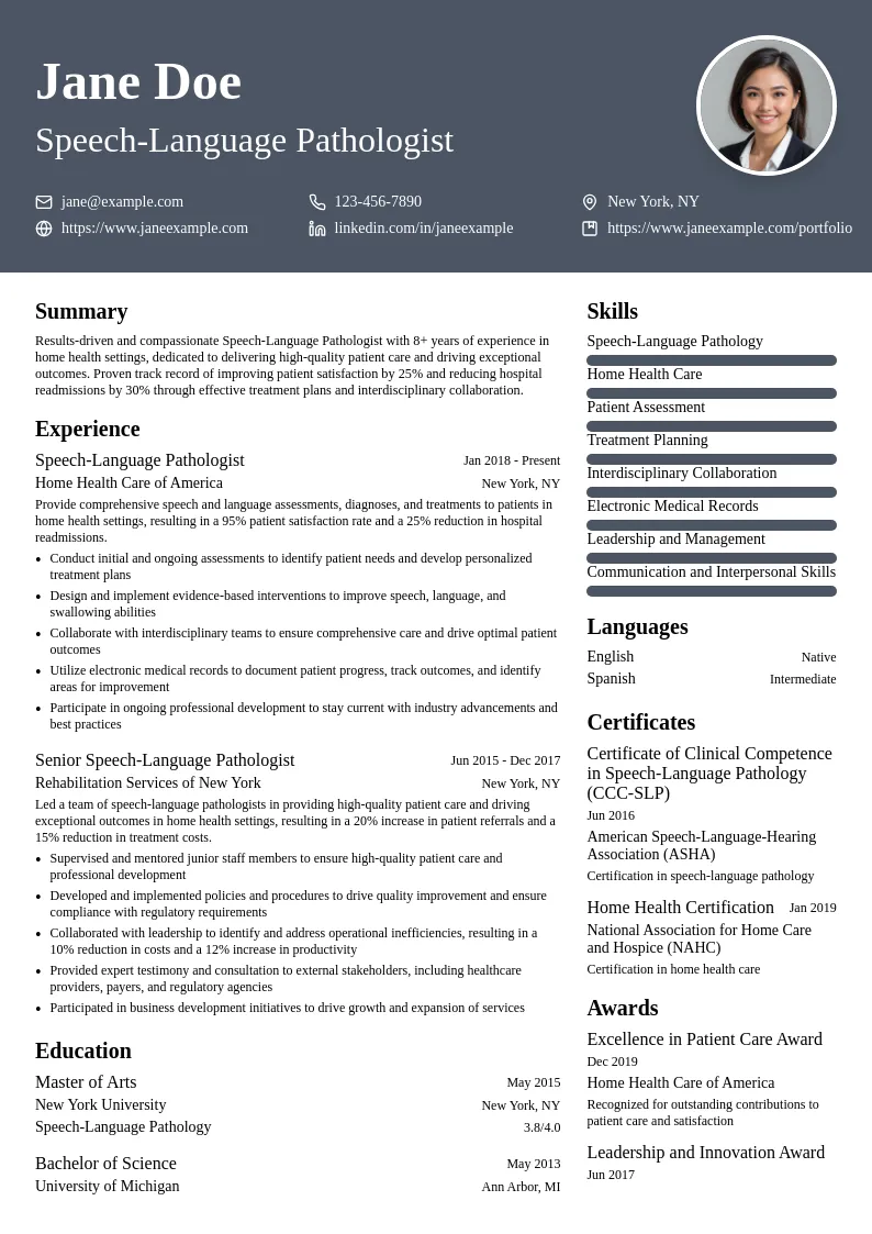 SLP - Home Health Setting resume example
