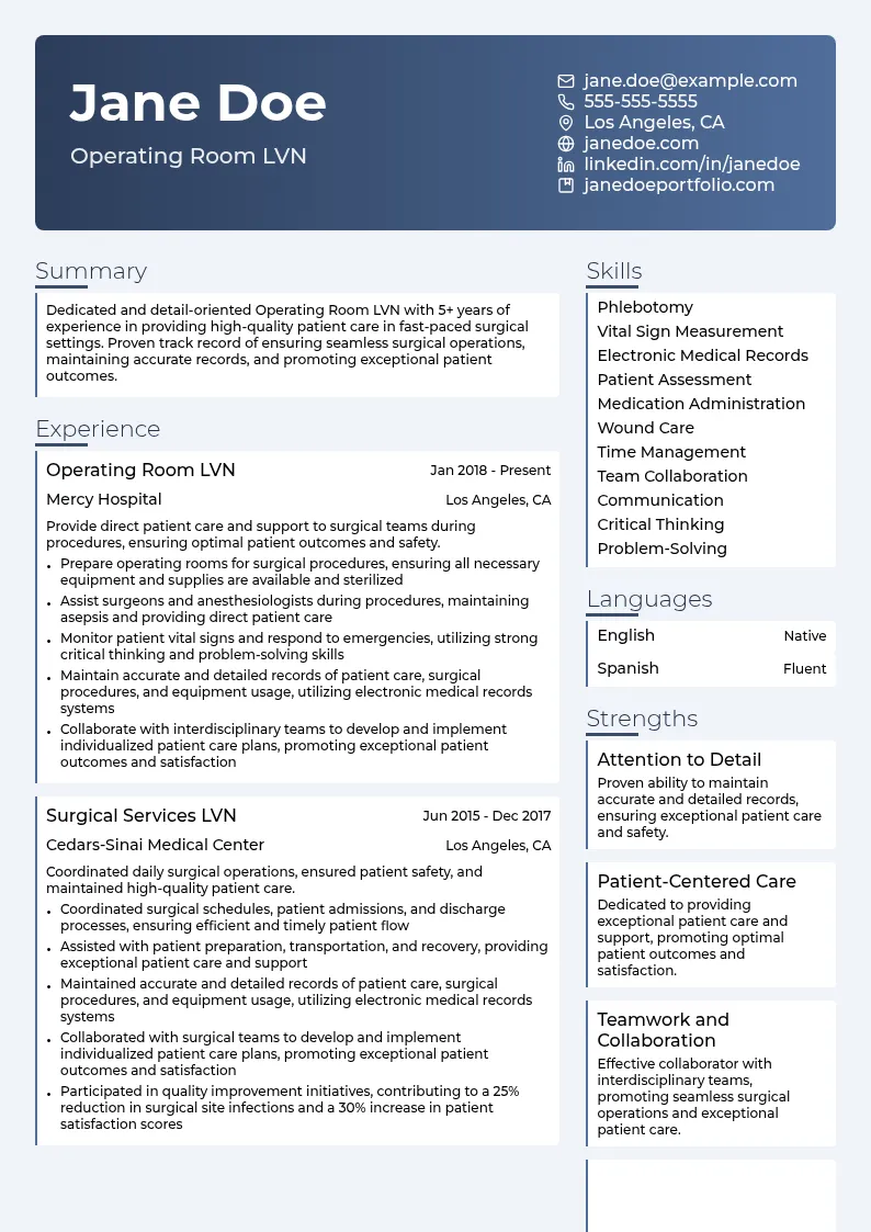 Operating Room LVN resume example
