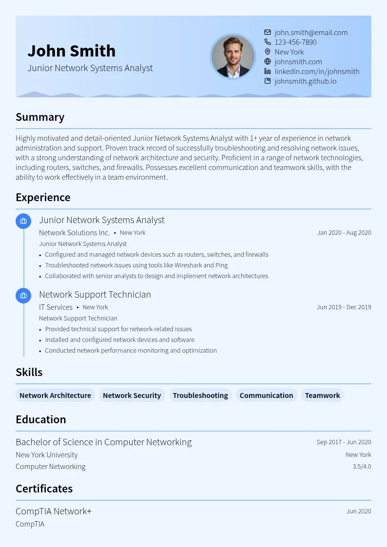 Junior Network Systems Analyst resume example