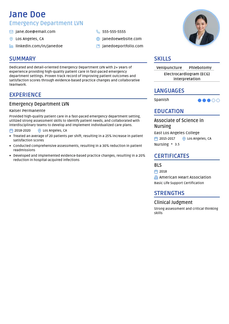 Emergency Department LVN resume example