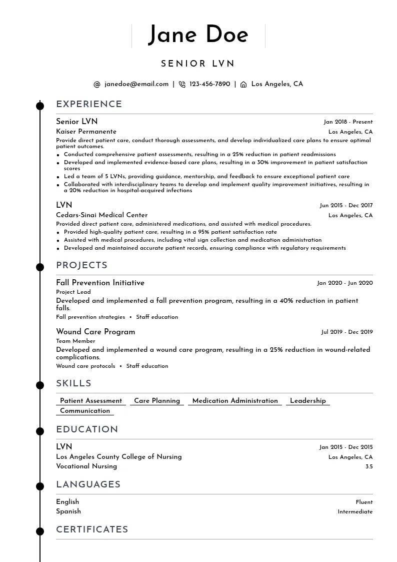 Senior LVN resume example