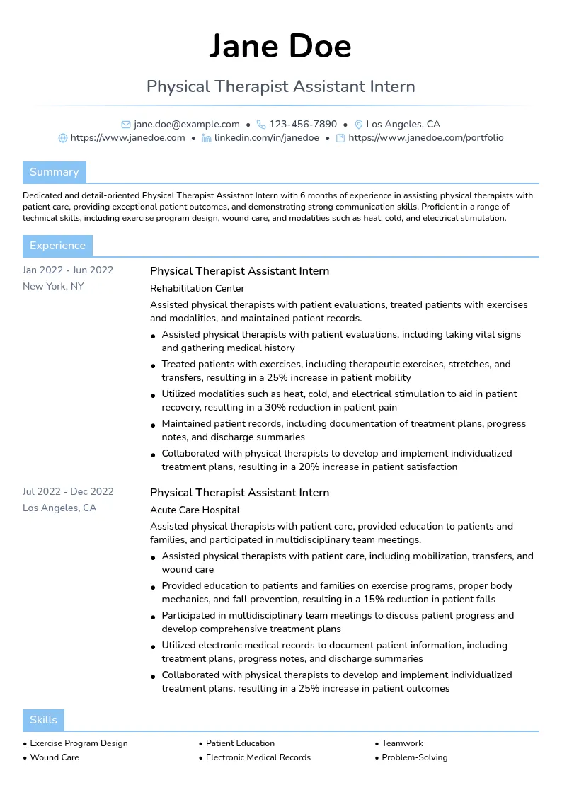 Physical Therapist Assistant Intern resume example