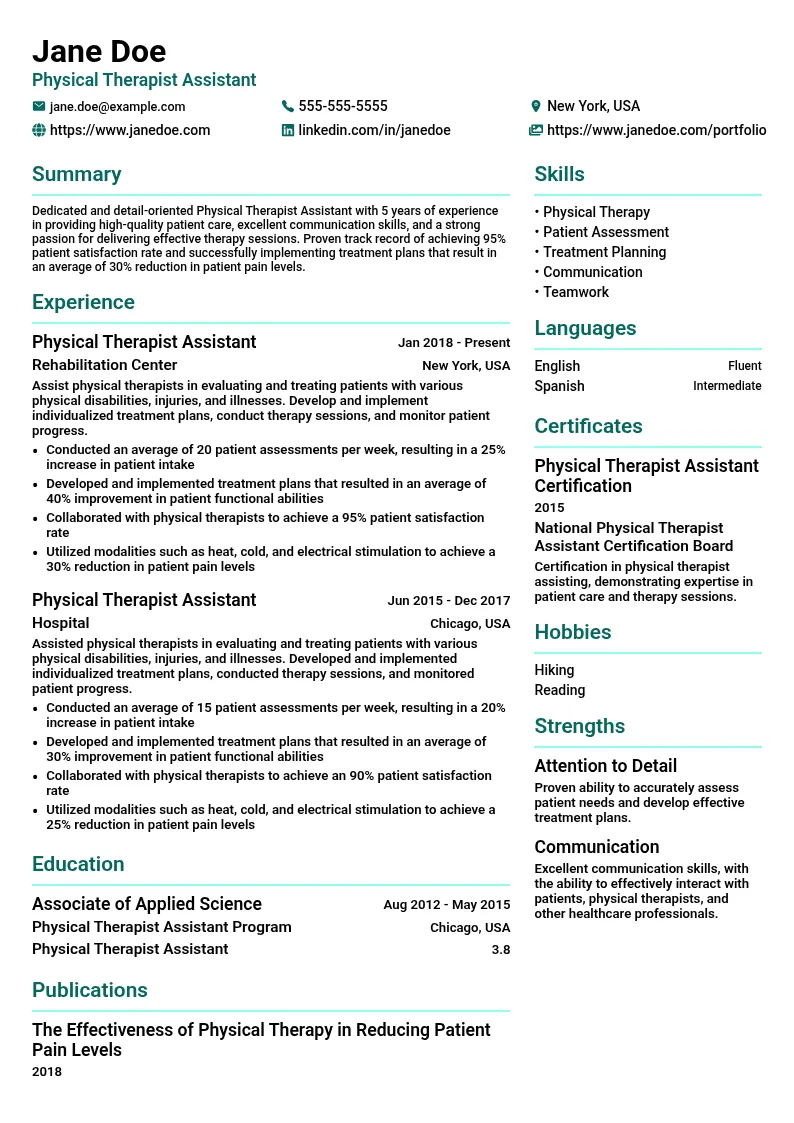 Physical Therapist Assistant resume example