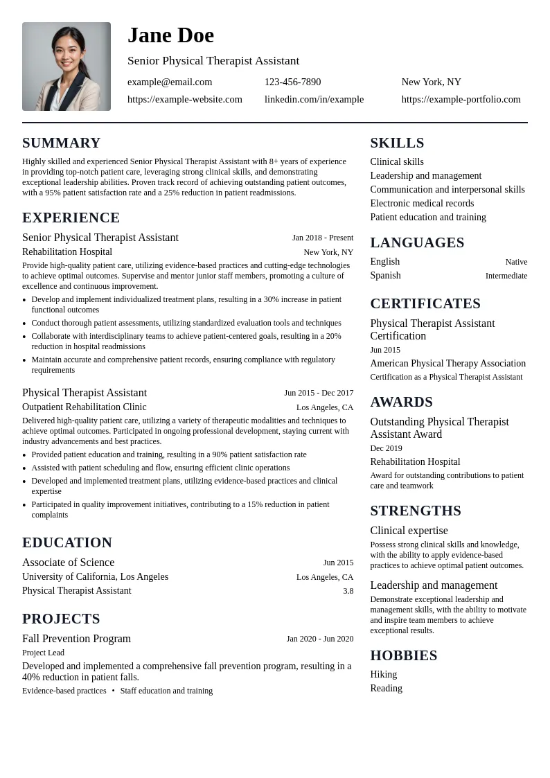 Senior Physical Therapist Assistant resume example