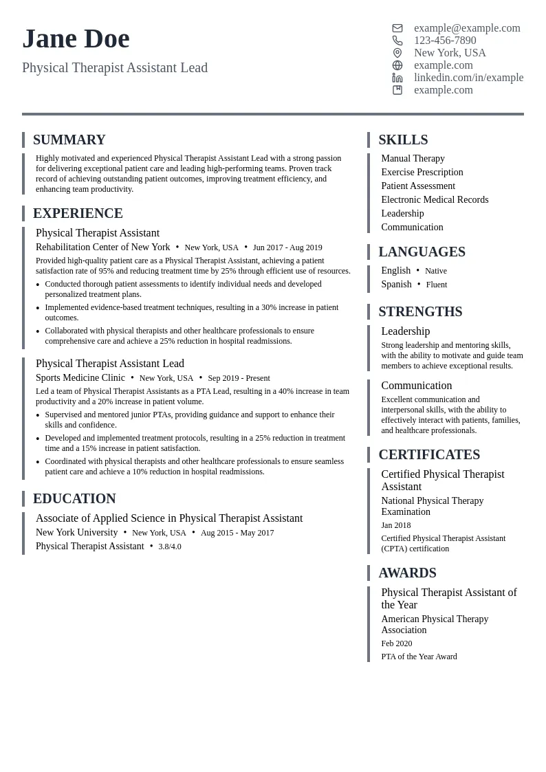 Physical Therapist Assistant Lead resume example