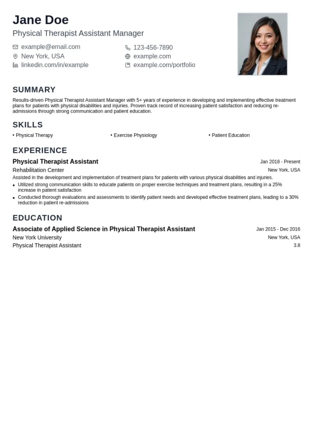 Physical Therapist Assistant Manager resume example