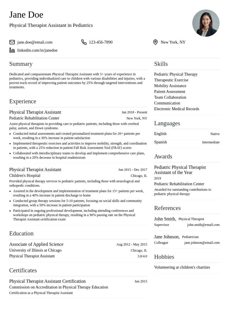 Physical Therapist Assistant in Pediatrics resume example