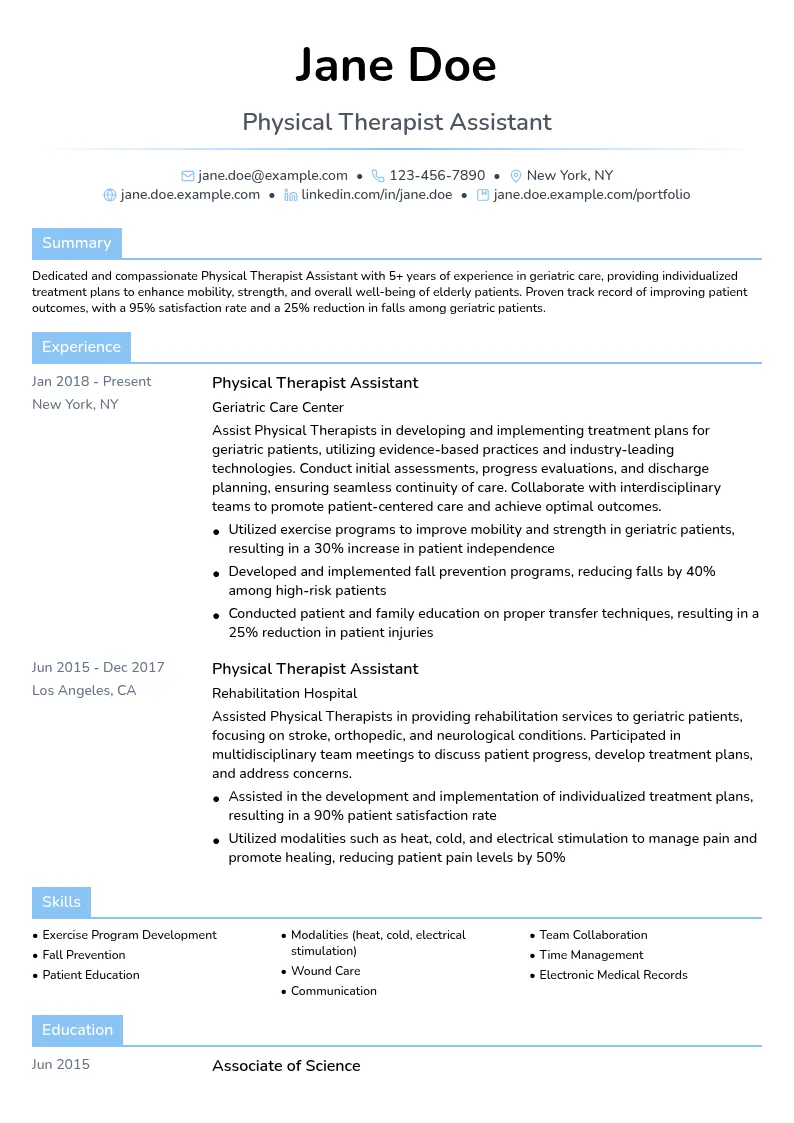 Physical Therapist Assistant in Geriatrics resume example