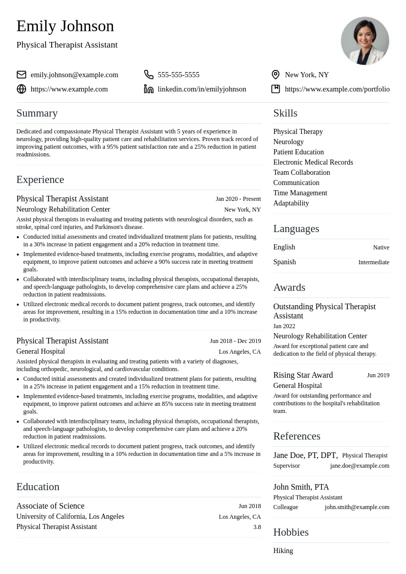 Physical Therapist Assistant in Neurology resume example