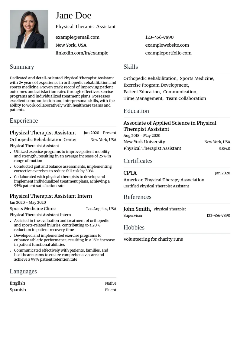Physical Therapist Assistant in Orthopedics resume example