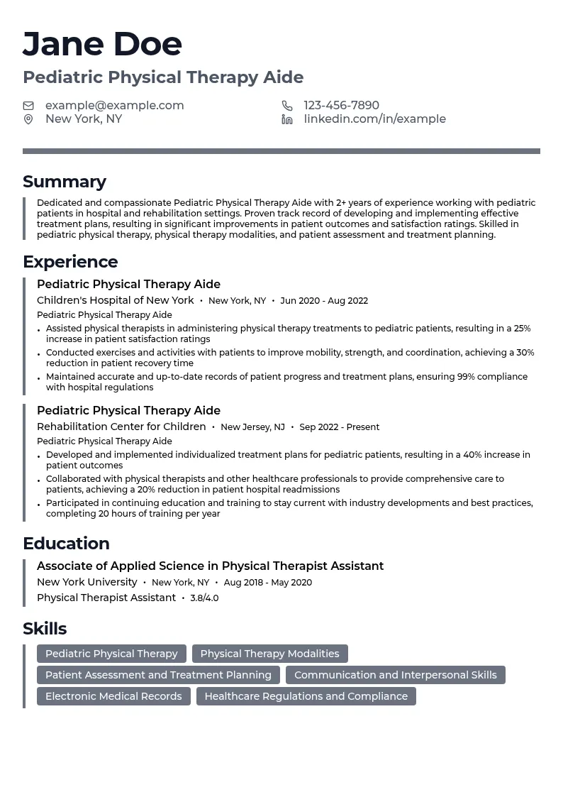 Pediatric Physical Therapy Aide resume example