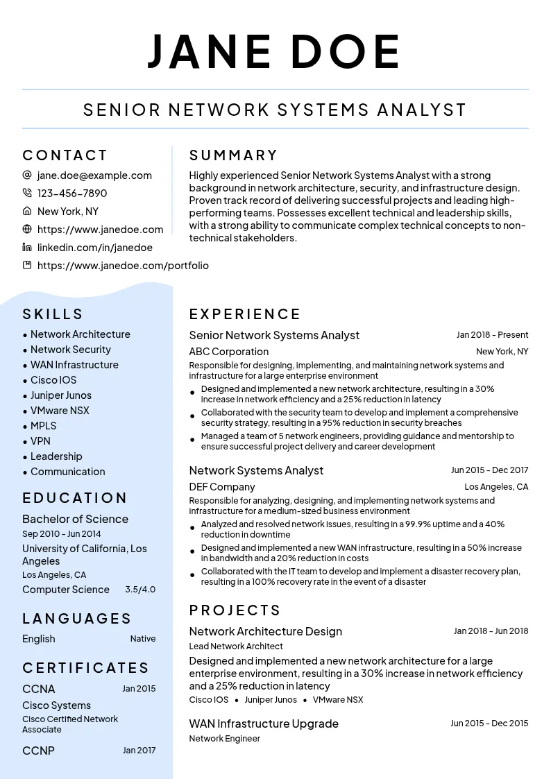 Senior Network Systems Analyst resume example