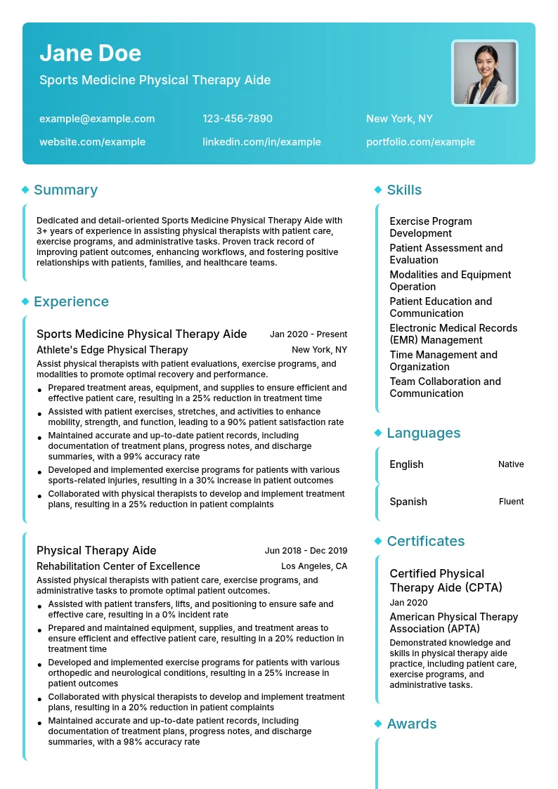 Sports Medicine Physical Therapy Aide resume example