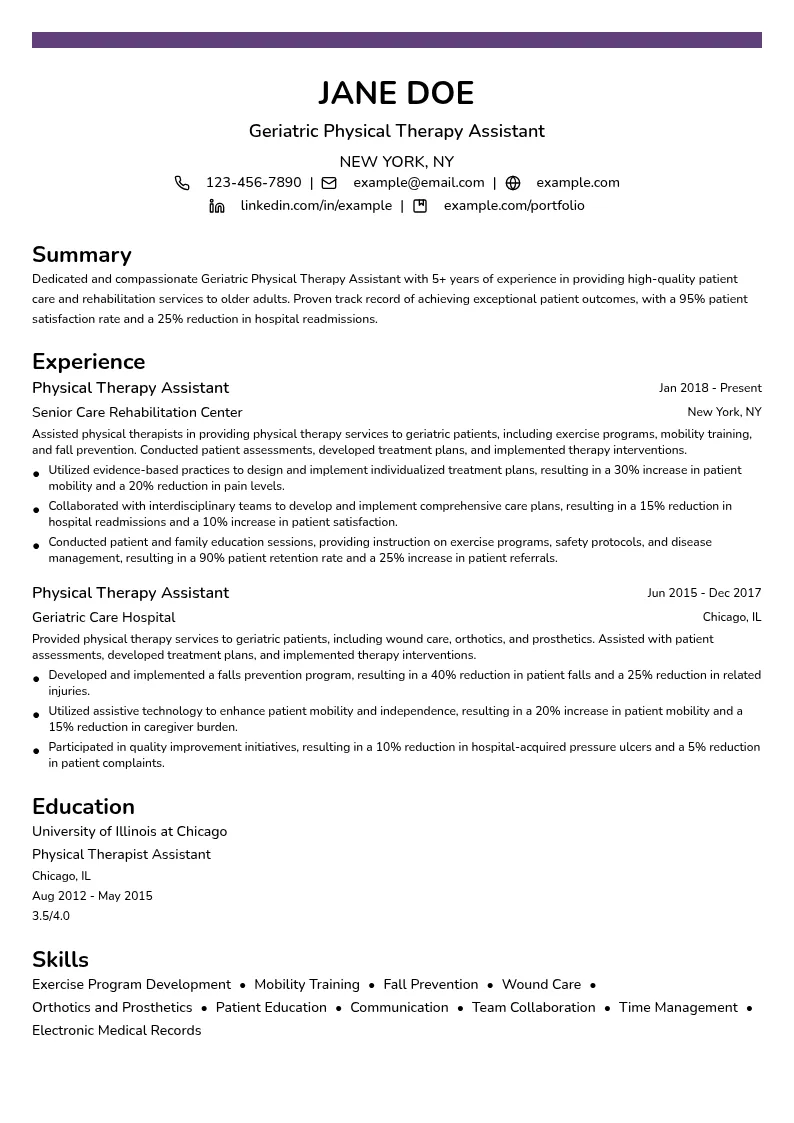 Geriatric Physical Therapy Assistant resume example