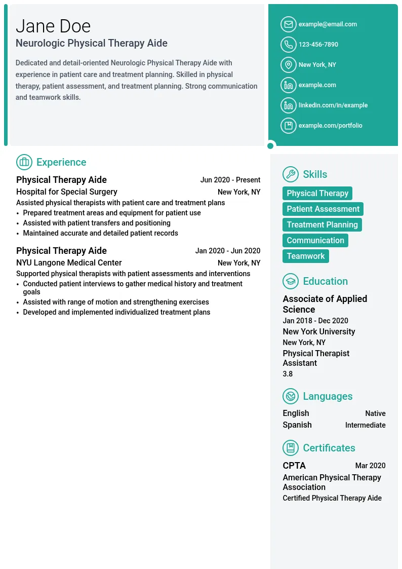 Neurologic Physical Therapy Aide resume example