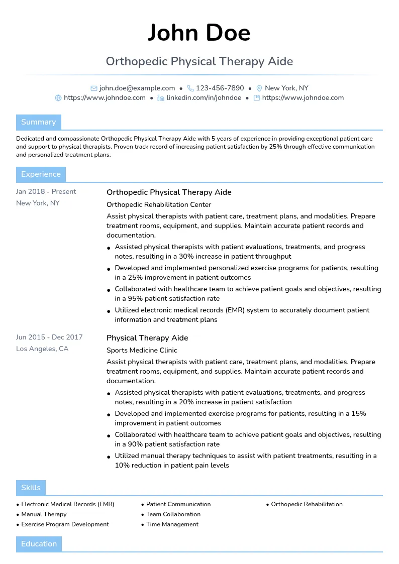 Orthopedic Physical Therapy Aide resume example