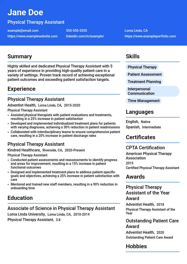Adventist Physical Therapy Assistant resume example