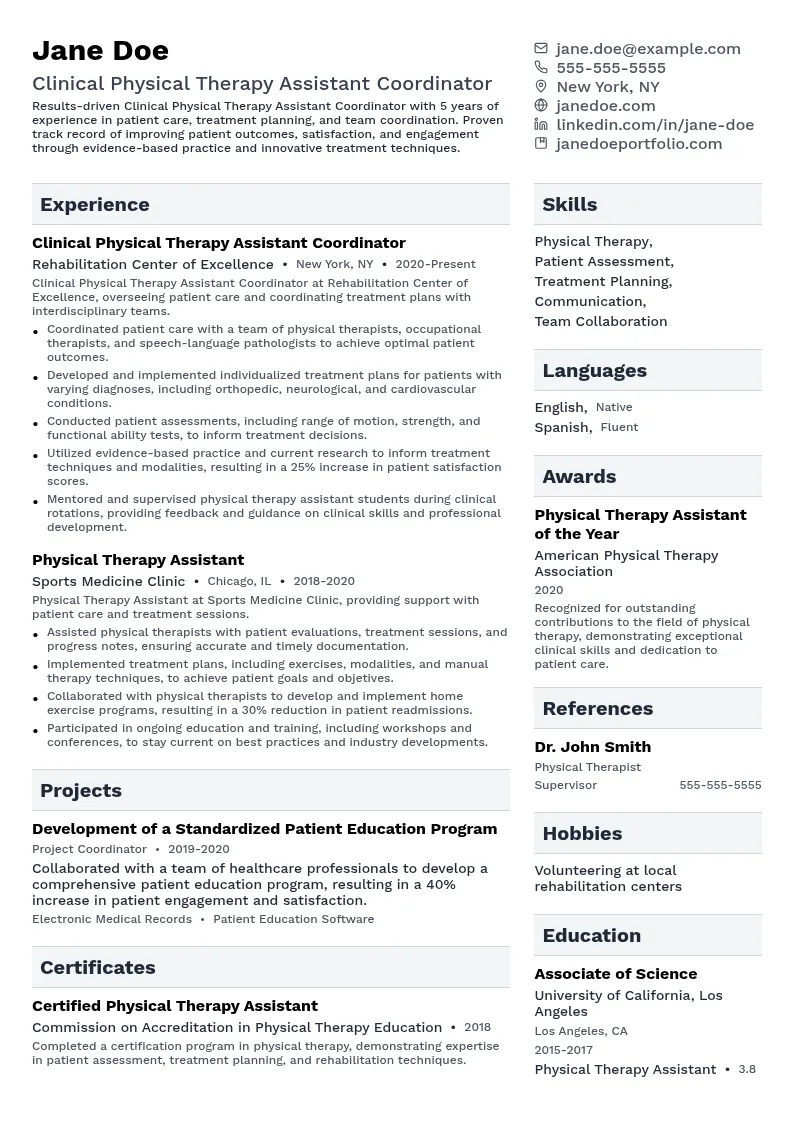 Clinical Physical Therapy Assistant Coordinator resume example
