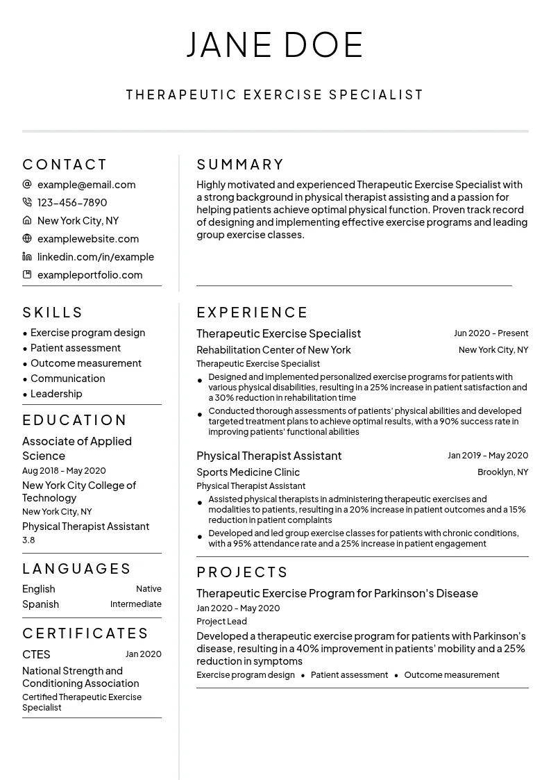 Therapeutic Exercise Specialist resume example