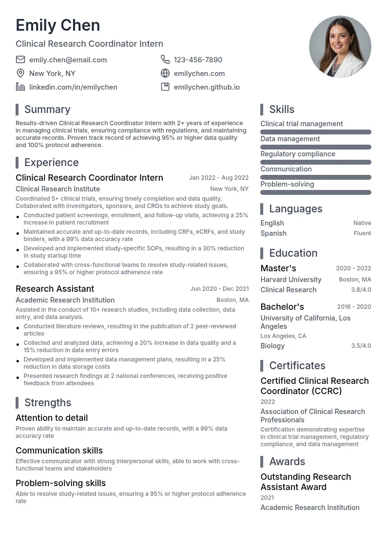 Clinical Research Coordinator Intern resume example