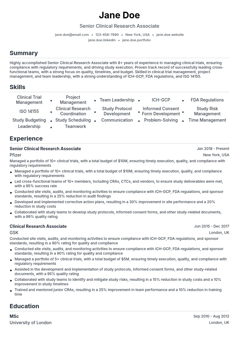 Senior Clinical Research Associate resume example