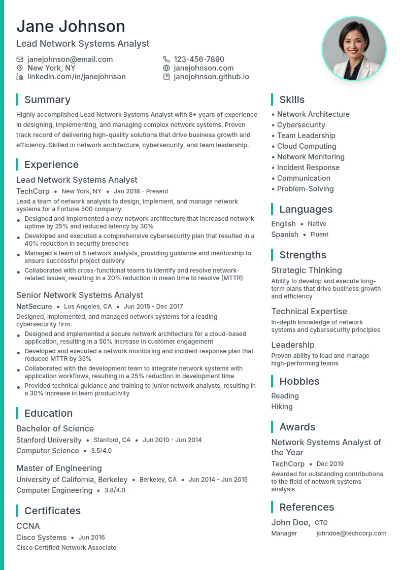 Lead Network Systems Analyst resume example