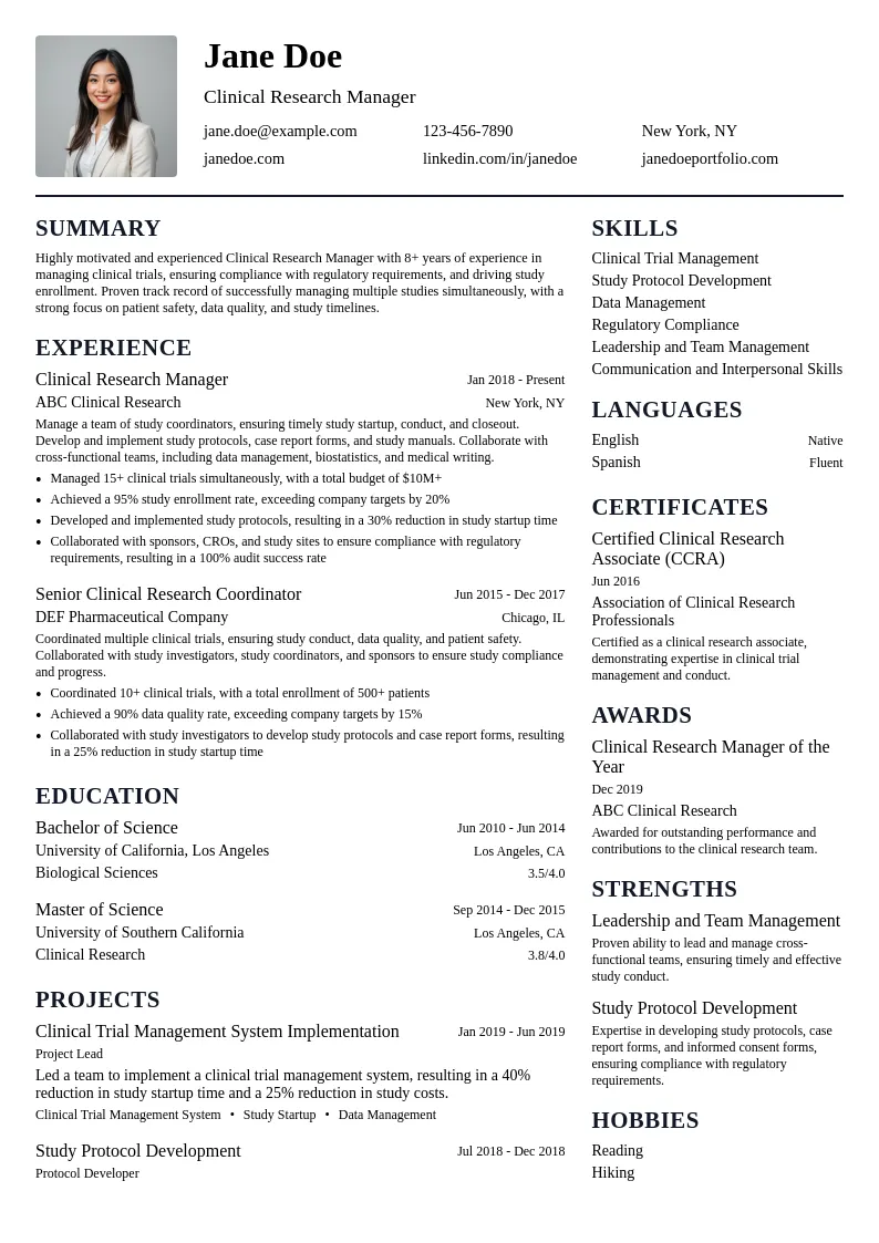 Clinical Research Manager resume example